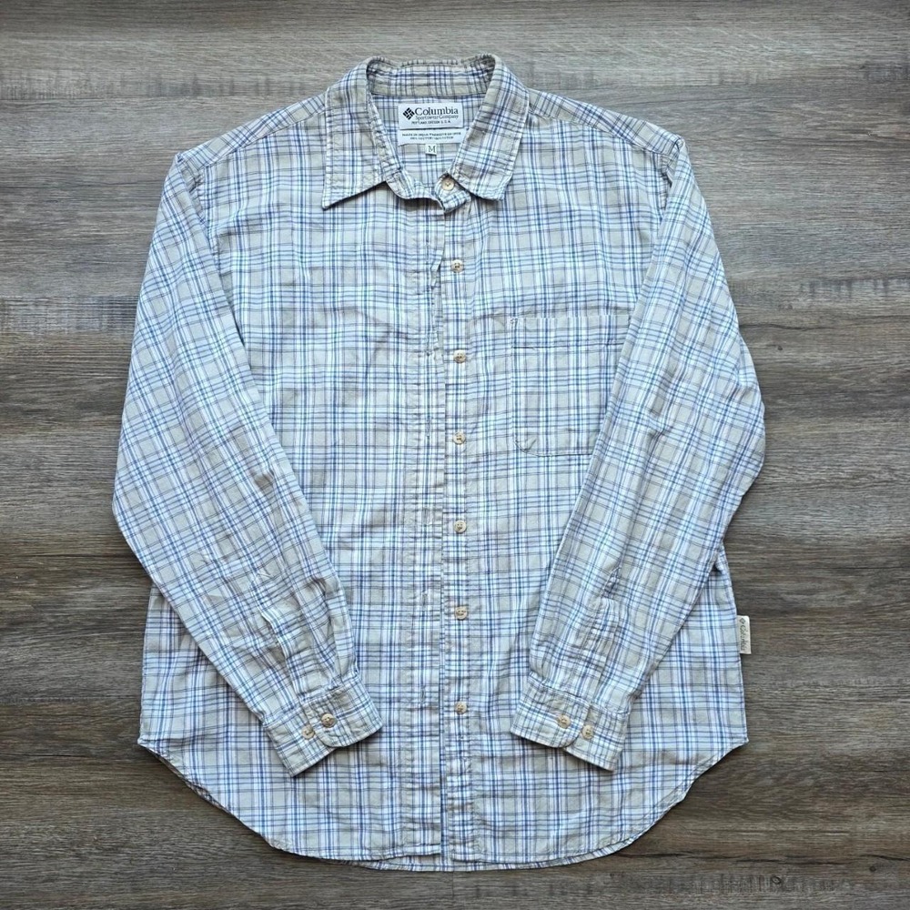 Columbia Womens Blue Beige Plaid Cotton Button Down Shirt Size Medium